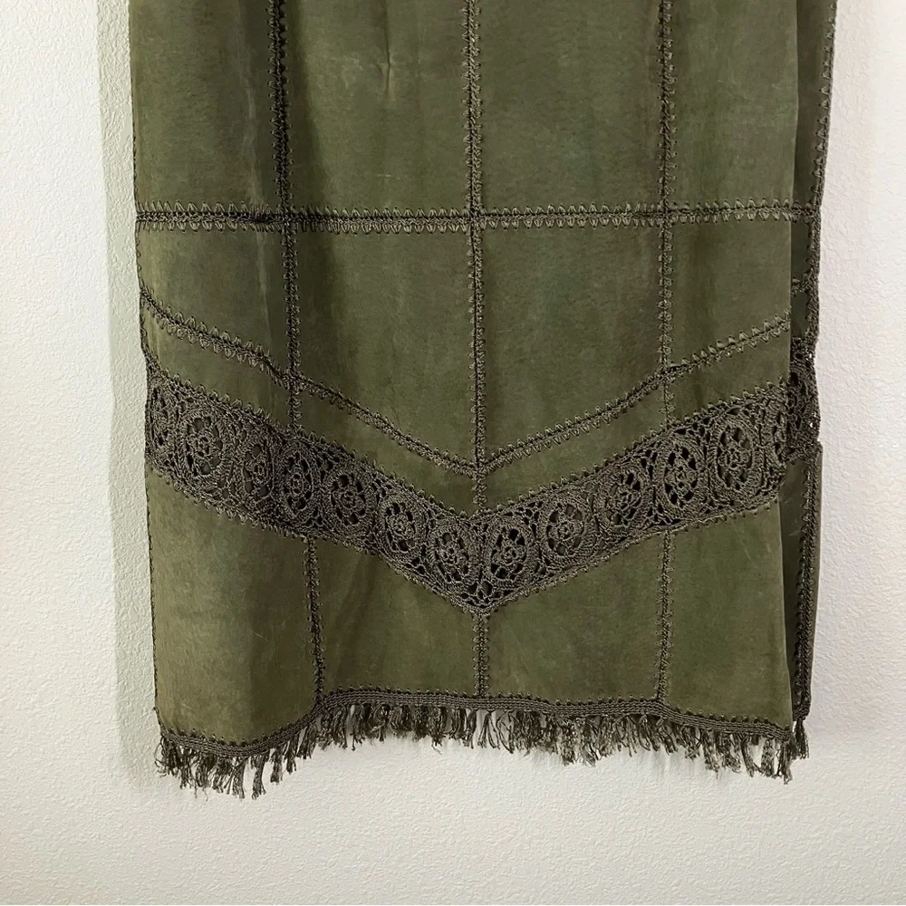 VINTAGE Suede Jacket & Skirt Set Crochet Western Cowgirl Boho Olive Green 2X - Picture 7 of 16